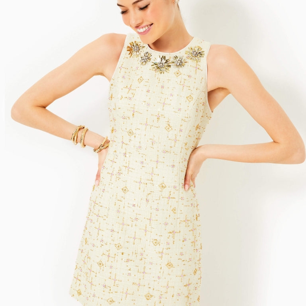 NWT Lilly Pulitzer Augustus Beaded Boucle Shift Dress - Coconut Jewel Box Boucle - Picture 3 of 7